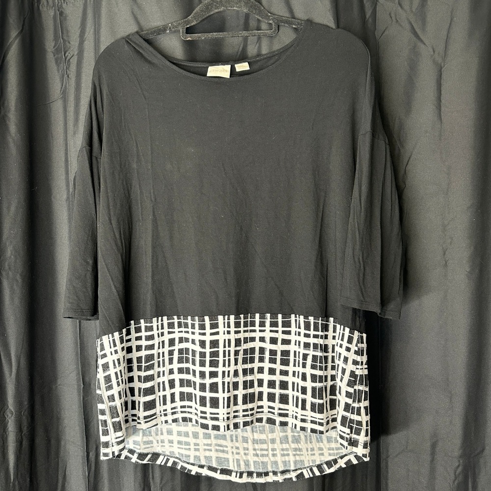 Chicos Women Black White Grid Colorblock Knit Tunic Top Scoop Neck Size 2 Large